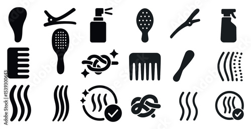 Hair care solid icons set – silhouette, grooming, beauty and styling symbols