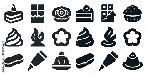 Dessert and pastry icons set – solid, filled, sweet treats and bakery symbols