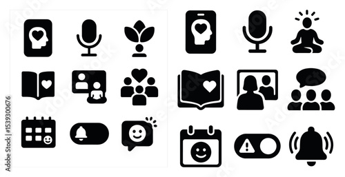 Mental health icons set – solid, filled, wellness and mindfulness symbols