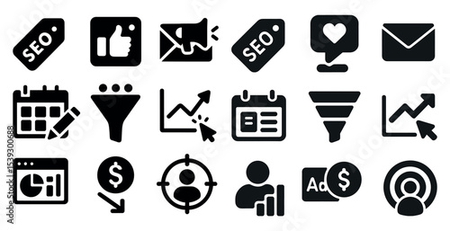 Marketing and seo solid icons set – outline, filled, digital strategy symbols