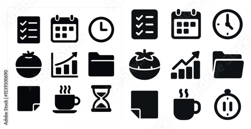 Business and office solid icons set – filled, productivity, workflow symbols