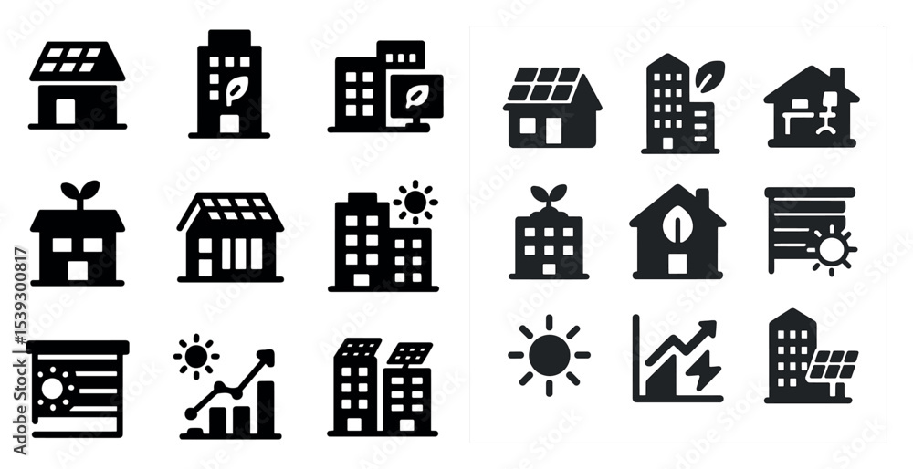 Eco-friendly architecture outline icons set – sustainable, green building symbols