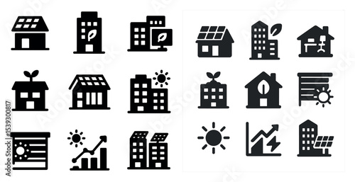 Eco-friendly architecture outline icons set – sustainable, green building symbols