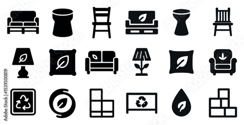 Eco-friendly furniture solid icons set – recycled, sustainable, green home decor