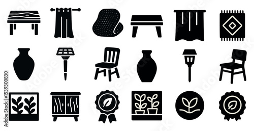 Home decor solid icons set – furniture, interior design, decoration tools