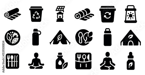 Sustainable lifestyle icons set – solid, filled, eco-friendly designs and symbols