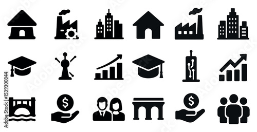 Industry and business solid icons set – filled, economy, professional symbols