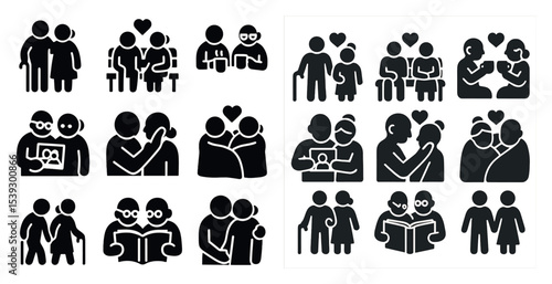 Family and relationships filled icons set – solid, love, connection symbols