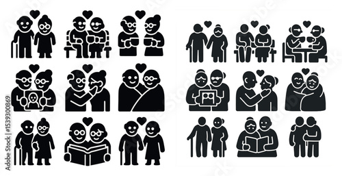 Elderly and senior life silhouette icons set – family, care, aging symbols
