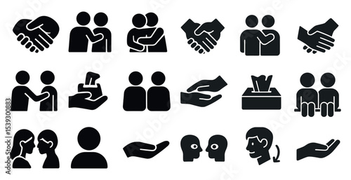 Community and friendship icons set – solid, silhouette, social connection graphics