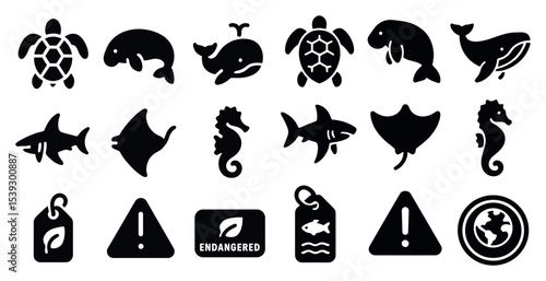 Marine wildlife icons set - silhouette ocean life and conservation symbols