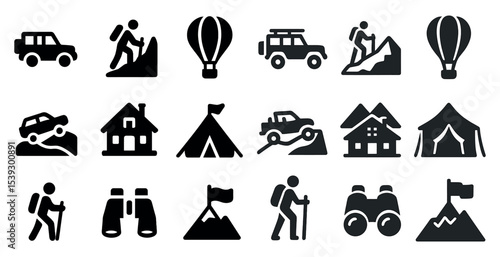 Outdoor adventure solid icons set – silhouette, hiking, camping symbols