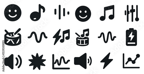 Music and sound solid icons set – flat, filled, audio and rhythm symbols