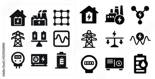 Energy and power filled icons set – solid, electricity, industrial symbols