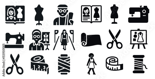 Fashion and sewing solid icons set – silhouette, tailoring, garment design symbols