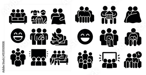Family and friend solid icons set – silhouette, filled, relationship and community symbols