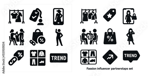 Fashion influencer solid icons set – filled, shopping and style symbol collection