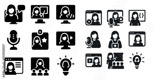 Online education solid icons set – silhouette, filled, teaching and learning tools