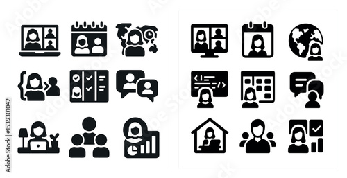 Remote work silhouette icons set – solid, filled, virtual office symbols