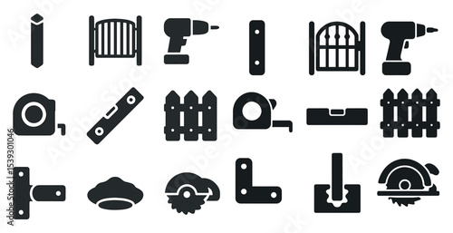Construction tools solid icons set – diy, handyman, home renovation symbols