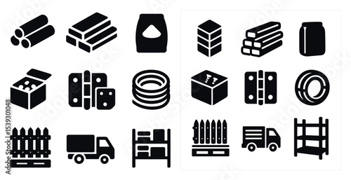 Logistics and warehouse solid icons set – filled, transportation, storage symbols