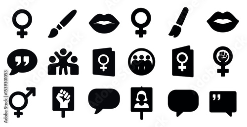 Gender equality icons set – solid, filled, diversity and inclusion symbols
