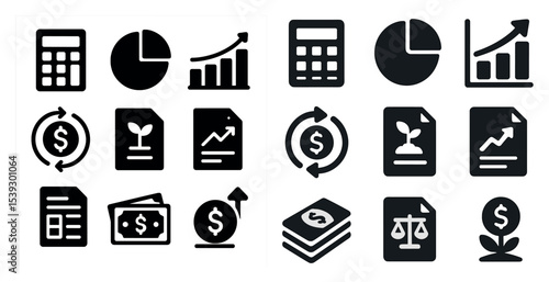 Finance and investment solid icons set – filled, economy, and money symbols