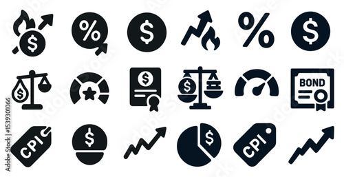Finance and economy solid icons set – filled, currency, and investment symbols