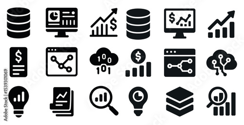 Data analytics solid icons set – filled, business, statistics visualization graphics
