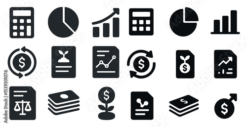 Finance and accounting solid icons set – filled, business, economy graphics