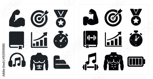 Fitness and gym silhouette icons set – solid, workout, exercise symbols