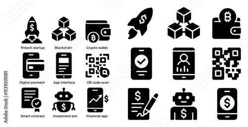 Blockchain and fintech solid icons set – cryptocurrency, digital finance symbols