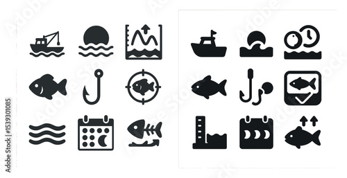 Fishing and marine icons set – solid, filled, sea and ocean symbols