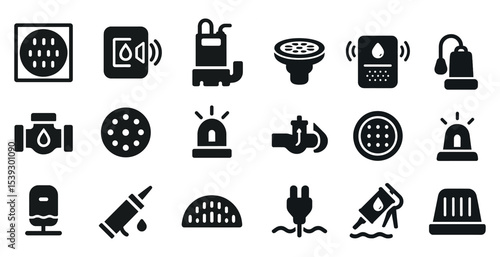Water and drainage solid icons set – flat, filled, plumbing and utility symbols