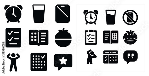 Daily tasks solid icons set – filled, silhouette, productivity tools and symbols