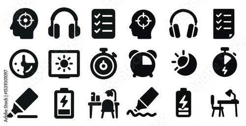 Productivity and office solid icons set – silhouette, filled, workflow elements
