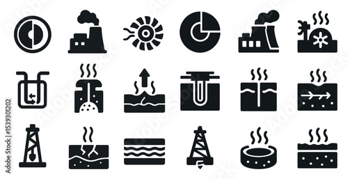 Geothermal energy icons set – solid, filled, renewable and sustainable power symbols