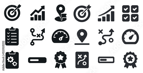Business and strategy solid icons set – filled, metrics, planning tools