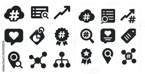 Analytics and data filled icons set – solid, search, report symbols and tags