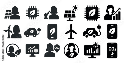 Eco and energy solid icons set – sustainable, flat, renewable resources emblems