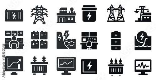 Energy and electricity solid icons set – power, utilities, grid network symbols