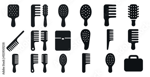 Hair styling tools solid icons set – filled, combs, brushes collection