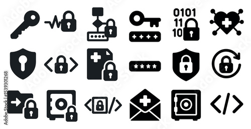 Security and privacy silhouette icons set – neon, protection, and safeguarding symbols