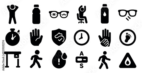 Health and safety solid icons set – silhouette, filled, protection symbols