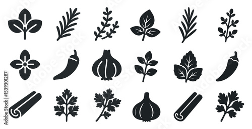 Herbs and spices silhouette icons set – outline, solid flavor and food symbols