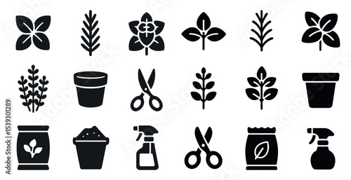 Gardening and plant silhouette icons set – solid, filled, horticulture and nature symbols
