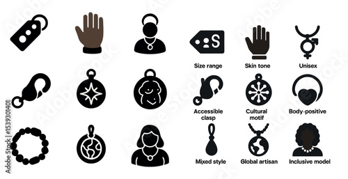 Diverse fashion solid icons set – silhouette, accessory, inclusive design symbols