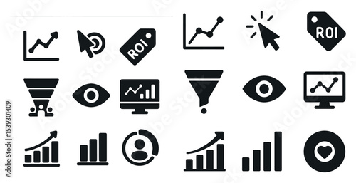 Marketing and business solid icons set – analytics, flat, growth and conversion metrics