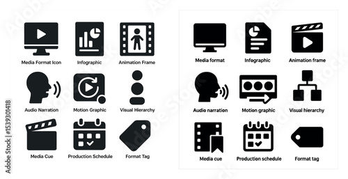 Multimedia and production silhouette icons set – video, audio, visual symbols