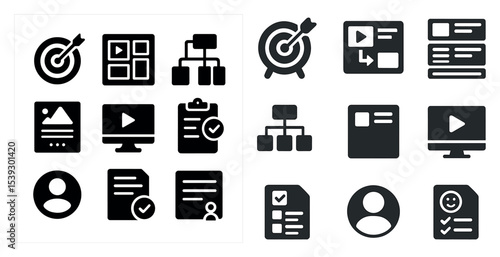 Business and marketing solid icons set – silhouette, digital, corporate symbols